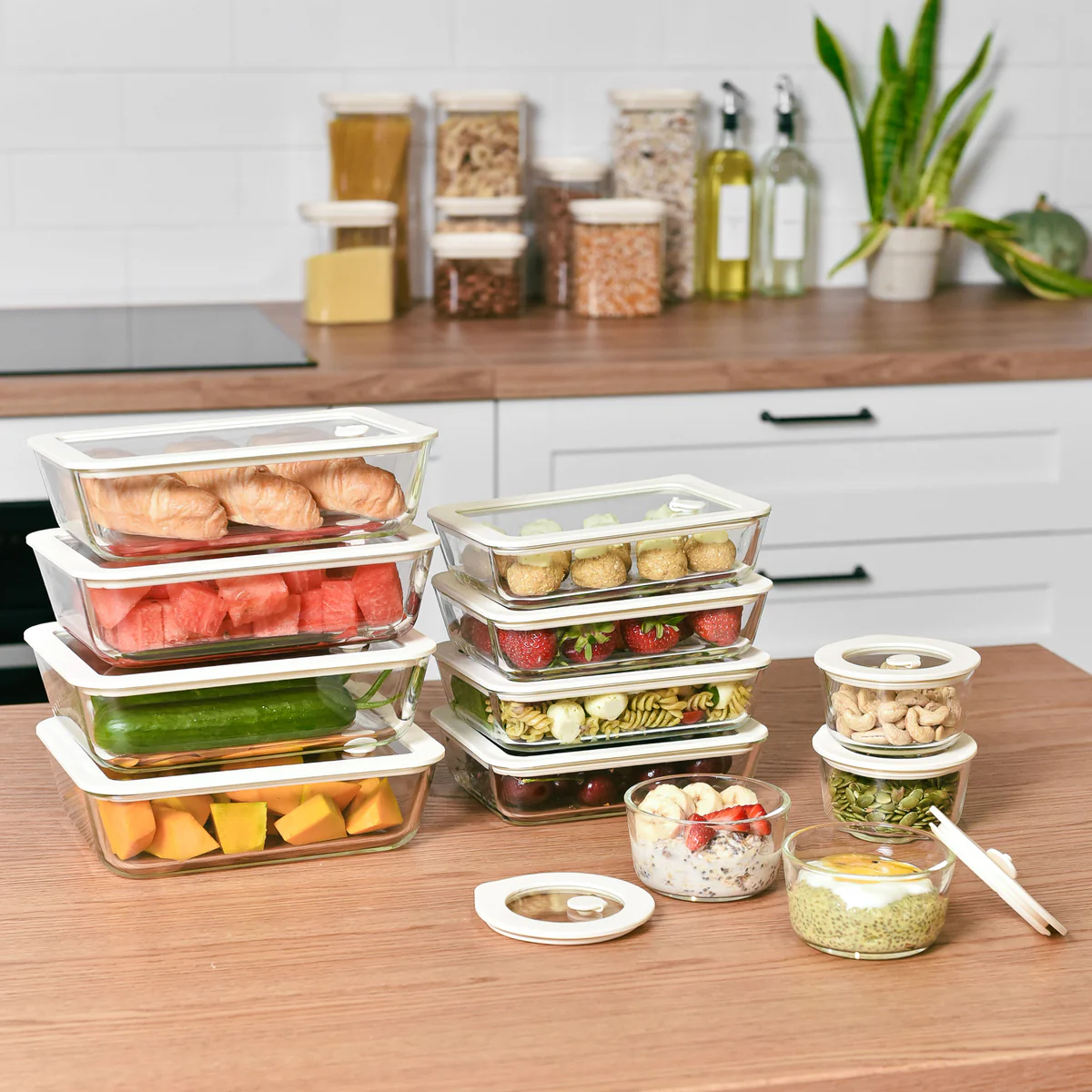 Glass Food Storage Containers Cream - 12 Set Rectangle / Round - Meal Prep